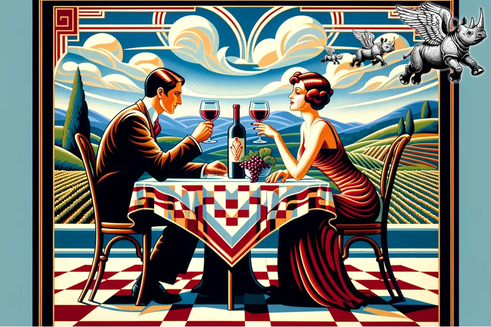 A man and woman enjoying glasses of red wine in Escondido vineyards. 